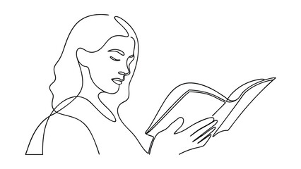 A minimalist line drawing depicts a woman engrossed in reading a book. The single continuous line style creates a serene and focused image, emphasizing the act of reading and learning.