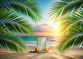 Minimalist Product Display: Palm Leaves & Sand Double Exposure Stock Photo