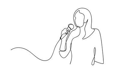 A minimalist line drawing depicts a woman holding a microphone, seemingly singing. The singleline style creates a flowing, elegant image of a vocal performance.