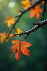 Fototapeta premium Dark brown, nearly bare oak branch, a few clinging leaves, autumn, tree