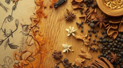 Creative Food Background with Spices and Cutting Board