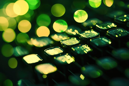 Close-up of a dark green keyboard with yellow-green bokeh lights in the background. - Powered by Adobe