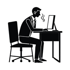 Serene office worker silhouette taking a deep breath while seated at desk calmly
