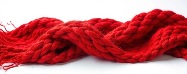 Chunky red wool scarf, isolated on white backdrop Deep rich color , knitted, texture, winter fashion