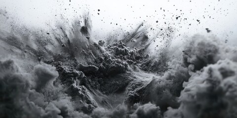 Explosive eruption of dust and debris creates dramatic cloud formation in a monochromatic landscape
