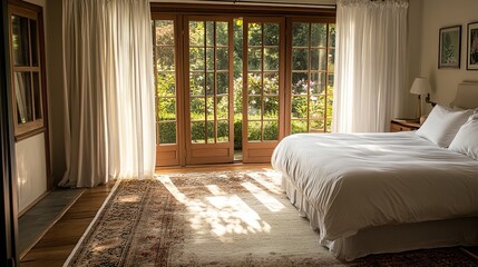A luxurious bedroom with crisp white linens, a soft rug, and a view of a garden digital