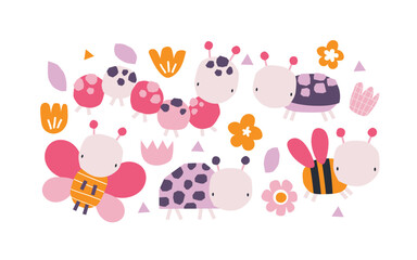 Vector illustration of cute insects: caterpillar, beetle, butterfly, ladybug, bee and flowers. Set with abstract insects for children. Spring. Scandinavian style.