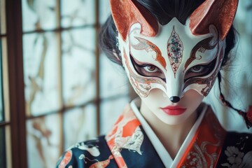 Fox Mask. Woman in Kimono Embracing Japanese Culture and Folklore