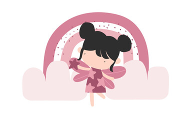 Vector illustration cute fairy girl in dress with wings holding a star, rainbow and clouds. Cute delicate pink girly composition with princess. Magic. Fairy character for children.