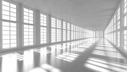 Fototapeta premium Sunlit modern hallway with expansive windows, minimalist design, bright interior, architectural photography.