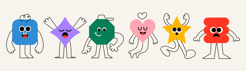 Cute geometric figures with faces. Isolated cartoon heads with eyes and emotions. Group of geometric characters. Funny drawings with childish style. Flat vector illustrations.