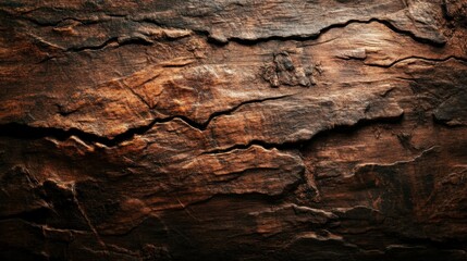 Close-up of a textured old wood surface with deep cracks and rough grain, rich brown tones, dramatic lighting highlighting the details