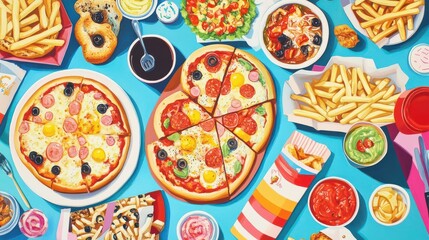 Table filled with assorted takeout food: Pizza and Fries