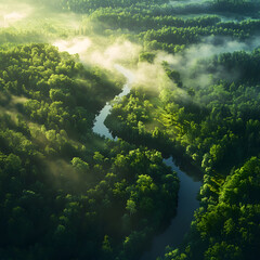 A peaceful digital illustration of a green valley with a river, under mist, on a natural background. Calm, scenic, ideal for nature decor or prints.