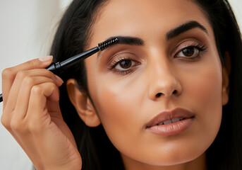Fototapeta premium Beautiful Woman Defining Eyebrows with Precision Brush