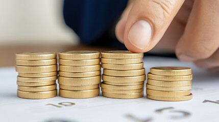 Hand Placing Gold Coin on Coin Stacks