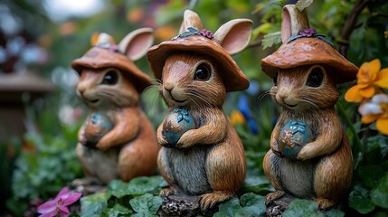 Three decorative rabbits holding eggs in a garden