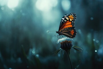 Fototapeta premium A monarch butterfly rests delicately on a flower, bathed in the soft glow of dawn or dusk.