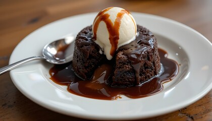 Small round chocolate lava cake with vanilla ice cream on top, drizzled in fudge sauce and melting into the center of its white plate