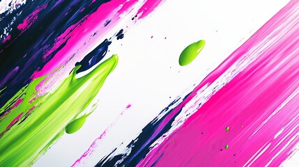 Bold fuchsia and lime green paint splashes dotted with translucent navy blue strokes blending into the background