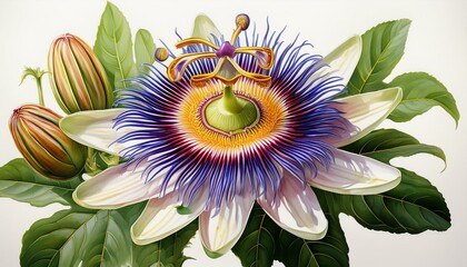 botanical illustration featuring a detailed passion flower emphasizing its intricate structure and vibrant colors on a white backdrop