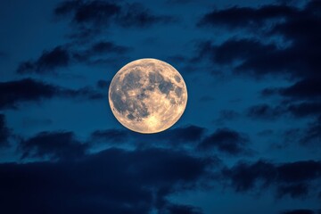 Full Pink Moon Silhouetting Against Night Sky. Beautiful Celestial Scene with Deep Blue Background