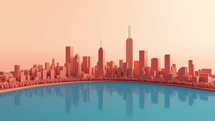 Obraz premium Minimalist cityscape skyline with high-rise buildings in an isometric style