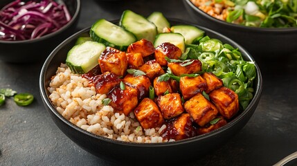 Fototapeta premium Tofu bowl with brown rice, cucumber, and sauce. Healthy and delicious meal
