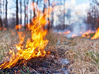 Wildfire Burning Dry Grass in Woodland Area Nature Scene Dramatic Environment Close-Up View Environmental Impact