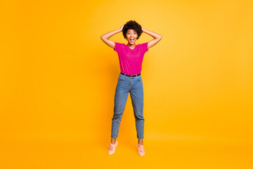 Full length body size photo of charming cute cheerful positive pretty sweet black girlfriend...