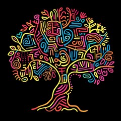 Obraz premium Vibrant Tree with Intricate Colorful Patterns and Glowing Lines on Dark Background, Showcasing Creativity and Abstract Artistry