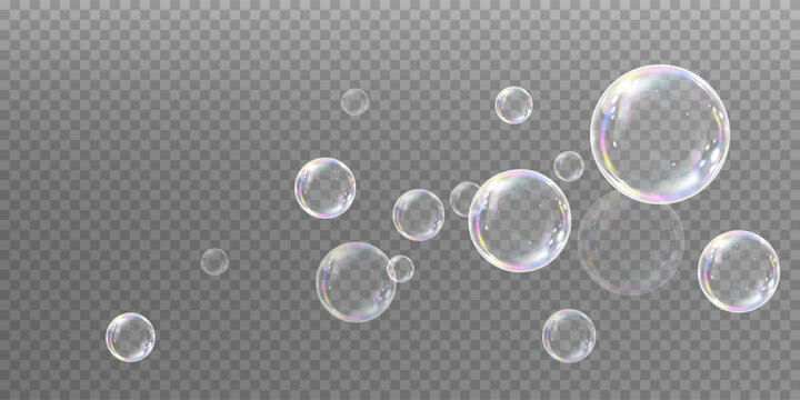 Iridescent soap bubbles in various sizes shimmer with rainbow reflections against a checkered transparent backdrop. The elegant, airy elements add a magical, dreamy touch to any composition.