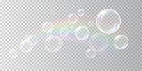 Iridescent soap bubbles in various sizes shimmer with rainbow reflections against a checkered transparent backdrop. The elegant, airy elements add a magical, dreamy touch to any composition.