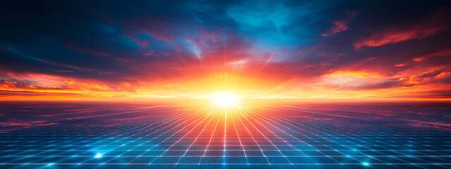 Obraz premium Digital Horizon with Explosive Light Rays