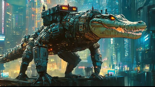 Futuristic Alligator Robot in Cyberpunk Cityscape, A Blend of Nature and Technology