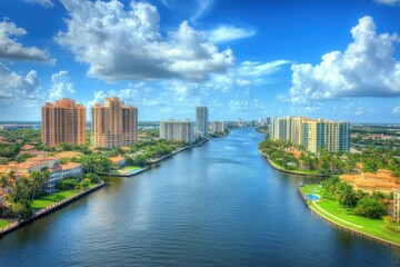 Fototapeta premium Gated Community in Boca Raton, Florida with Serene River View and Lush Green Landscape