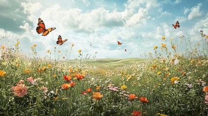 A lush meadow filled with wildflowers and butterflies under a bright sky digital