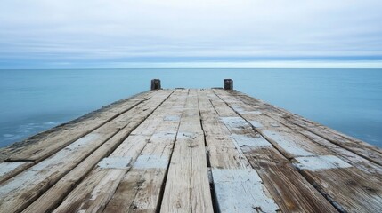 Fototapeta premium Sun-bleached wood planks on a weathered seaside pier, with saltwater stains and natural erosion patterns