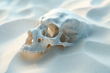 A weathered skull rests in the sand, a silent testament to time's passage and mortality.