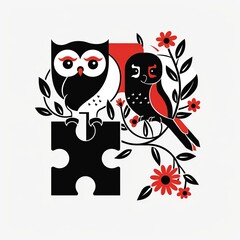 Obraz premium Minimalist Owl and Bird Puzzle Logo – Elegant Black and Red Vector Illustration