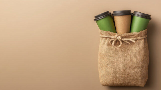 Minimalistic layout featuring string bag filled with coffee cups, creating warm and inviting atmosphere
