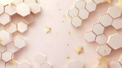 Background vector with hexagon shapes in a light peach color and golden lines
