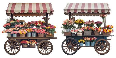 Vintage Wooden Cart Filled with Colorful Flowers Display