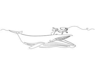 Fototapeta premium Continuous one line drawing of scuba diver diving with whale. One line drawing illustration of scuba diver swim with whale. Diving with marine animal concept single line. Editable outline