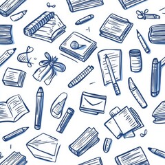 Hand-drawn pattern of books, stationery, and writing tools on white background