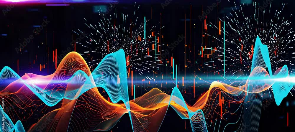 Poster dynamic abstract waves and digital particles evolving in vibrant neon light patterns