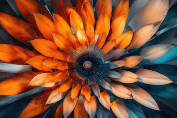 Abstract metallic sunflower with vibrant orange and teal petals, intricate details.