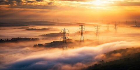 Obraz premium Misty Morning Power Lines: Aerial View of Energy Infrastructure in Fog