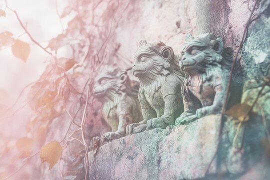 Weathered stone monkey statues perched on an ancient wall, overgrown with vines.