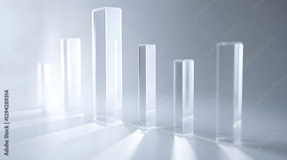Fototapete Digital bar chart made of crystal-clear glass bars, representing data visualization in a modern and futuristic style